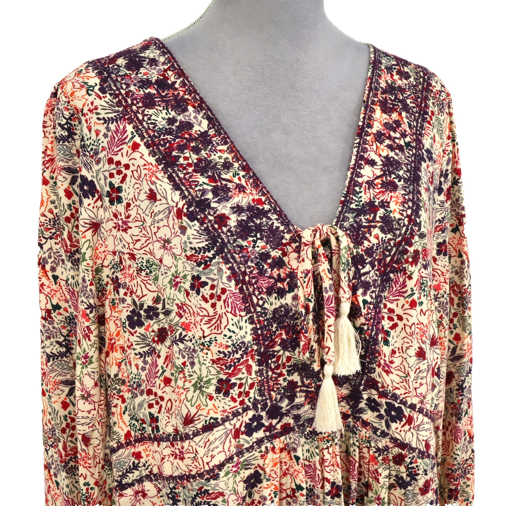 Torrid Top 1 Plus Size 1X Beige Purple Floral Blouse Tasseled Embroidered Boho - Picture 7 of 15